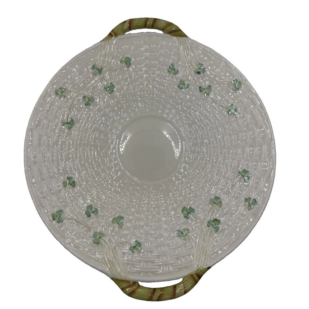 Vintage Belleek Shamrock Basket Weave Handled Cake Serving Platter Plate EXC.